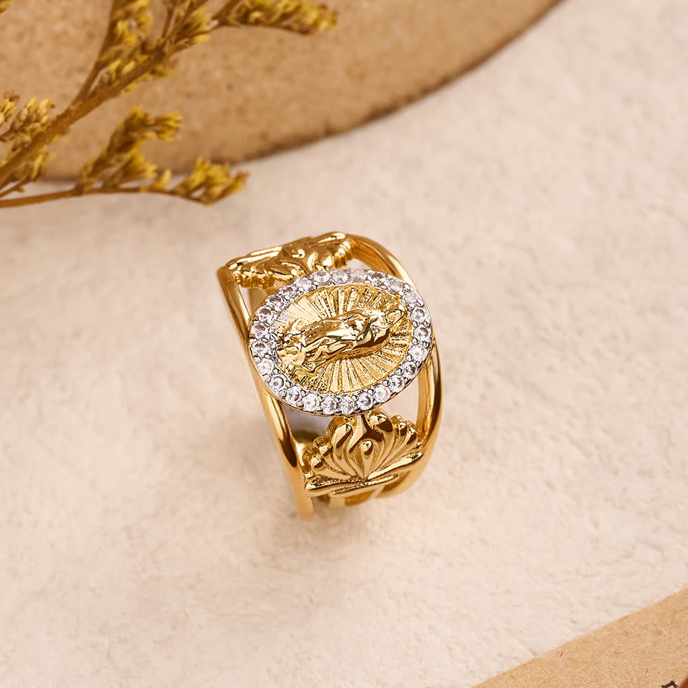 Intricate Guadalupe Virgin Ring with Zircon Halo: A Reminder of Heavenly Grace