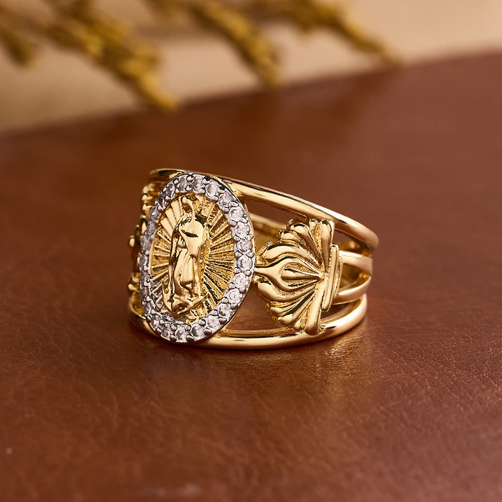 Intricate Guadalupe Virgin Ring with Zircon Halo: A Reminder of Heavenly Grace
