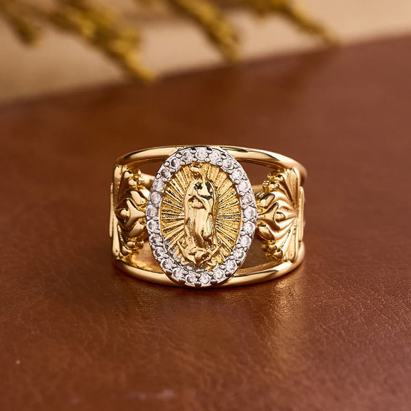 Intricate Guadalupe Virgin Ring with Zircon Halo: A Reminder of Heavenly Grace
