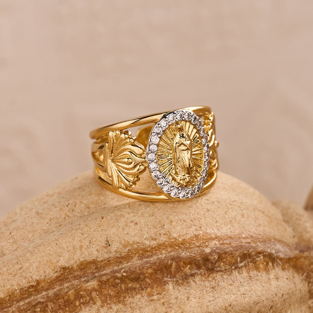 Intricate Guadalupe Virgin Ring with Zircon Halo: A Reminder of Heavenly Grace