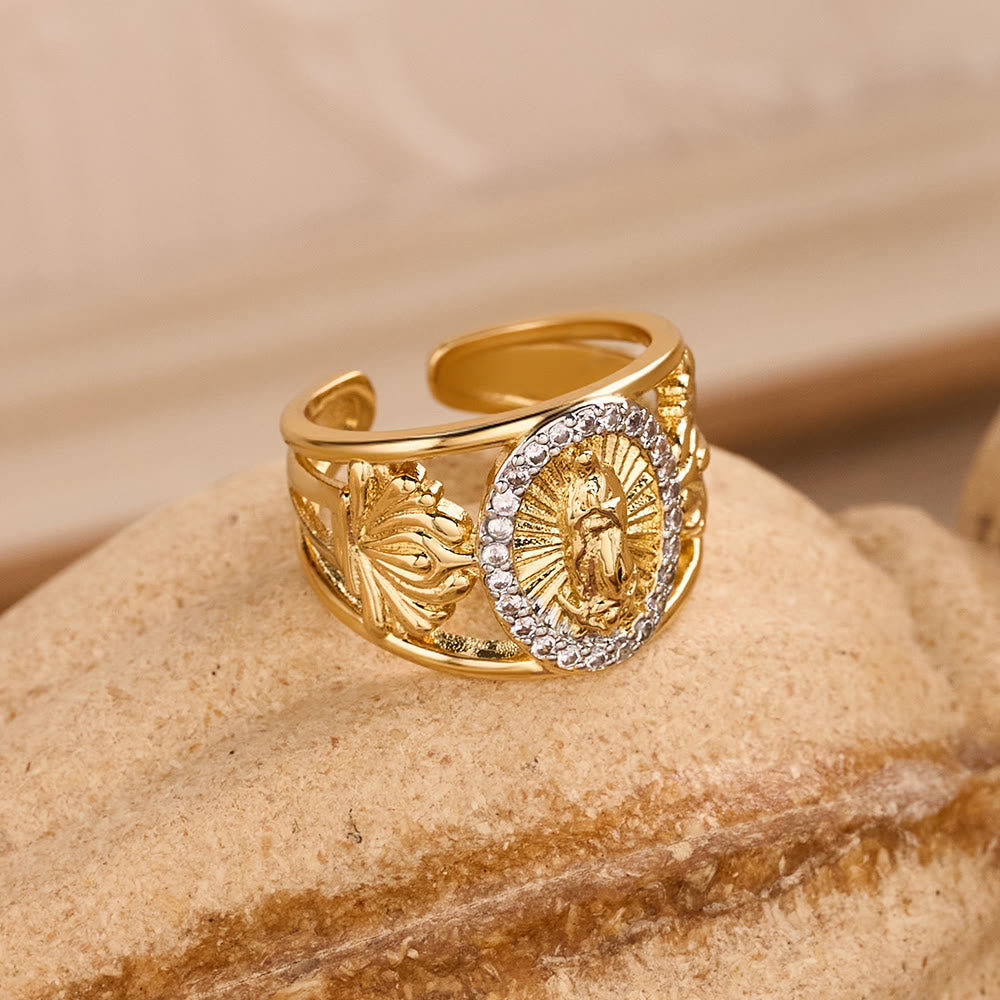 Intricate Guadalupe Virgin Ring with Zircon Halo: A Reminder of Heavenly Grace