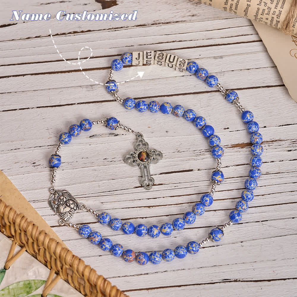 Regal Blue Emperor Stone Rosary with Holy Family & Divine Mercy Cross
