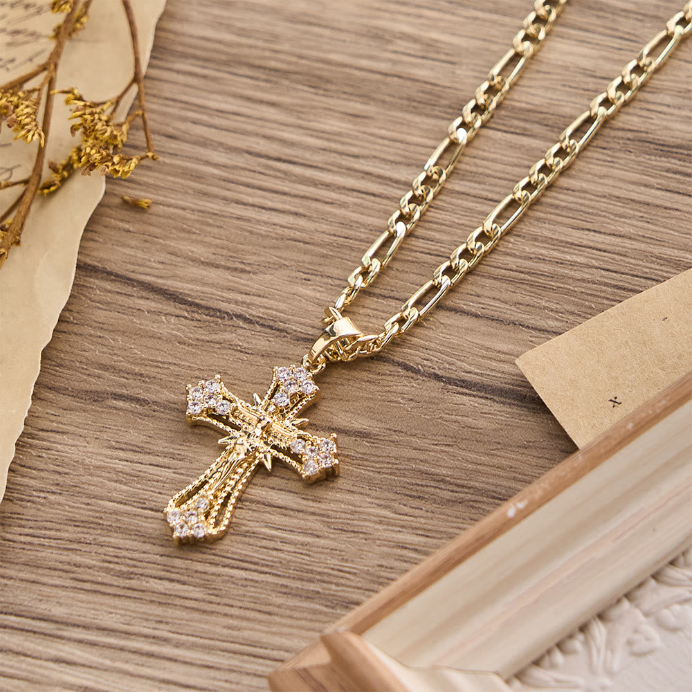 Ornate Zircon Crucifix Pendant Necklace with Figaro Chain: A Symbol of Sacred Devotion