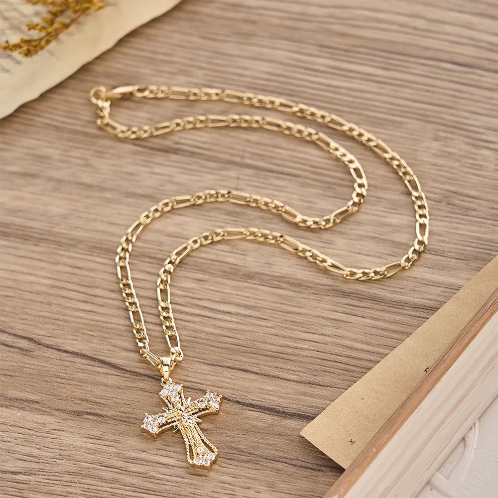 Ornate Zircon Crucifix Pendant Necklace with Figaro Chain: A Symbol of Sacred Devotion