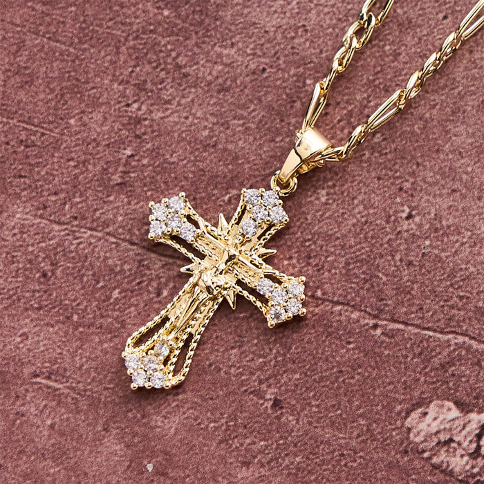 Ornate Zircon Crucifix Pendant Necklace with Figaro Chain: A Symbol of Sacred Devotion