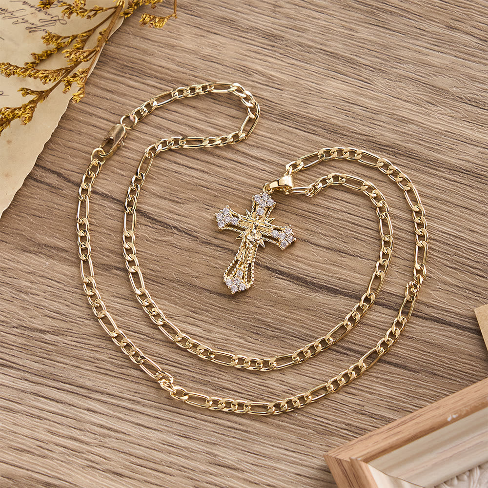Ornate Zircon Crucifix Pendant Necklace with Figaro Chain: A Symbol of Sacred Devotion