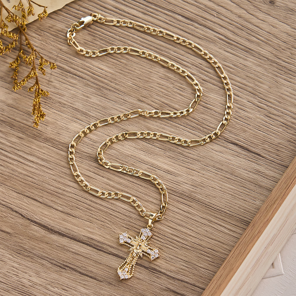 Ornate Zircon Crucifix Pendant Necklace with Figaro Chain: A Symbol of Sacred Devotion