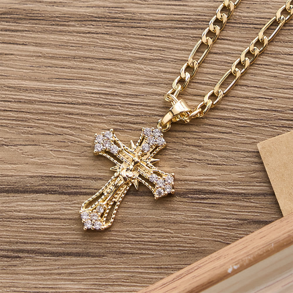 Ornate Zircon Crucifix Pendant Necklace with Figaro Chain: A Symbol of Sacred Devotion