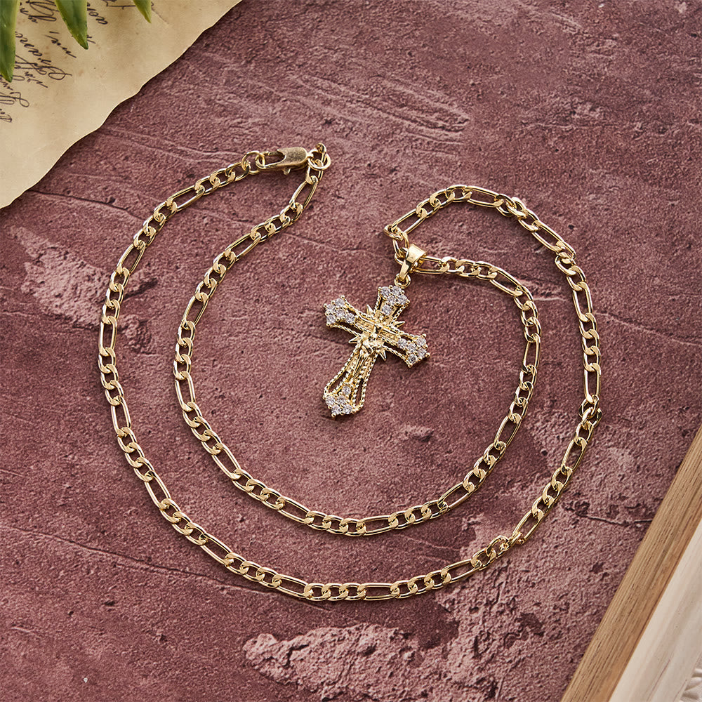 Ornate Zircon Crucifix Pendant Necklace with Figaro Chain: A Symbol of Sacred Devotion