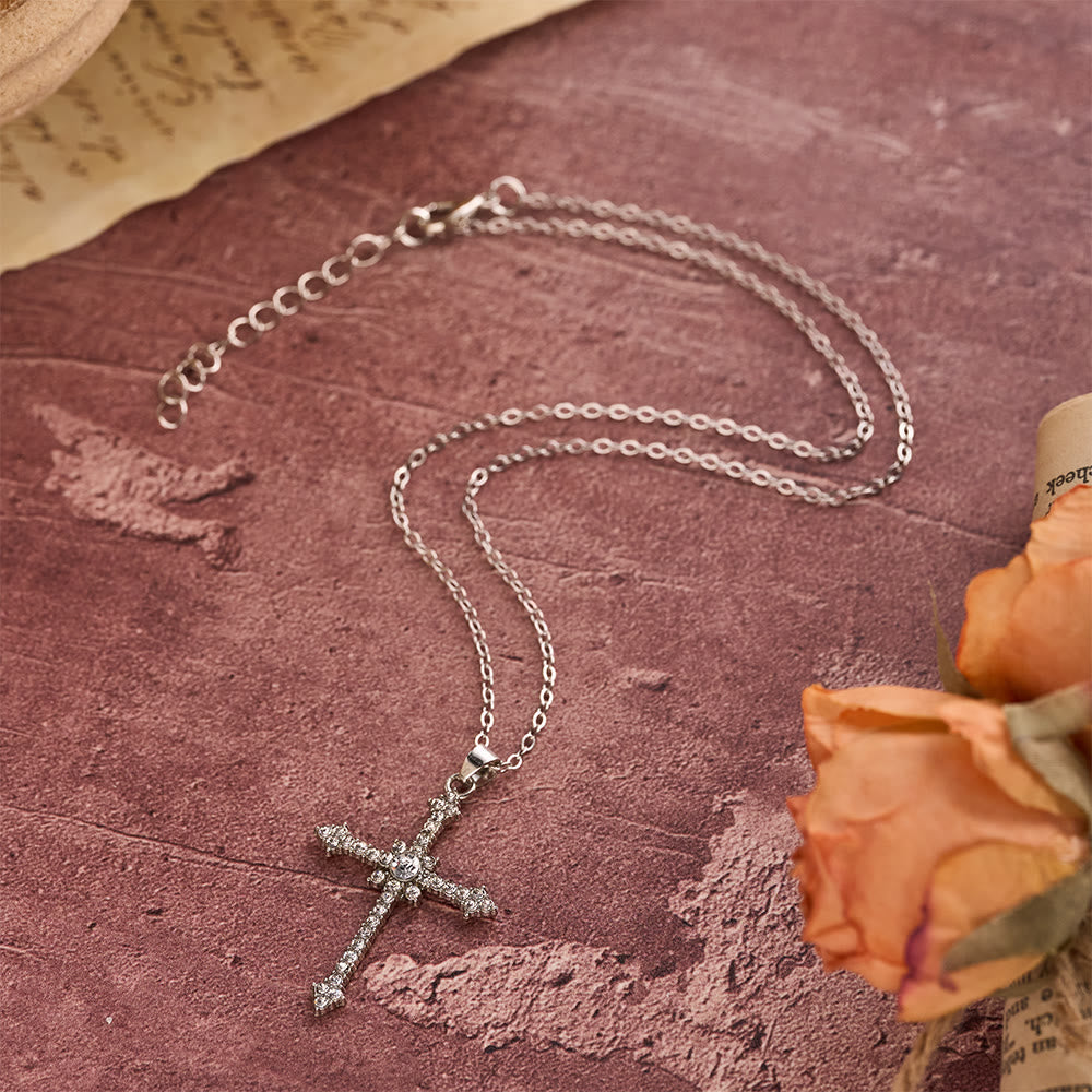 Refined Zircon-Encrusted Cross Pendant Necklace with Central Stone: An Emblem of Quiet Devotion