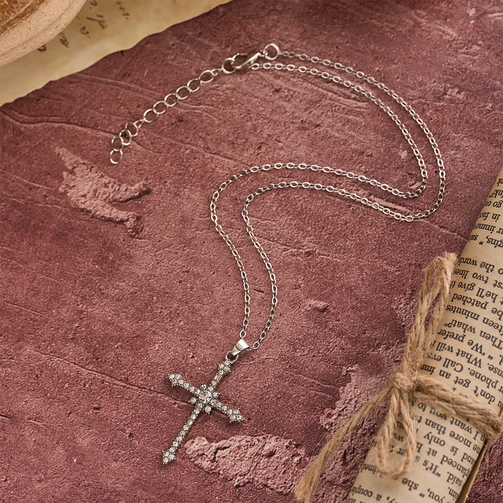 Refined Zircon-Encrusted Cross Pendant Necklace with Central Stone: An Emblem of Quiet Devotion
