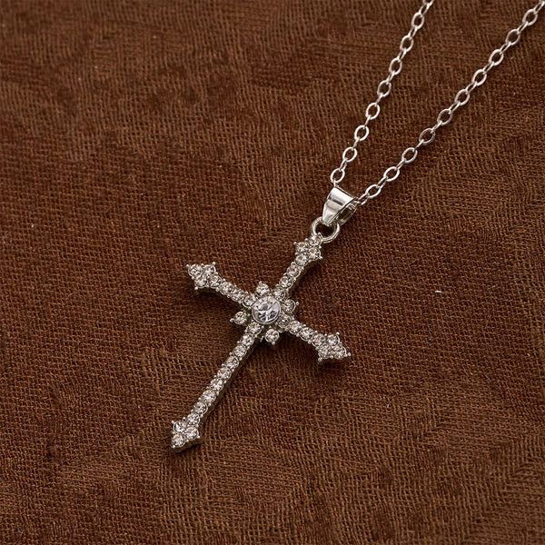 Refined Zircon-Encrusted Cross Pendant Necklace with Central Stone: An Emblem of Quiet Devotion