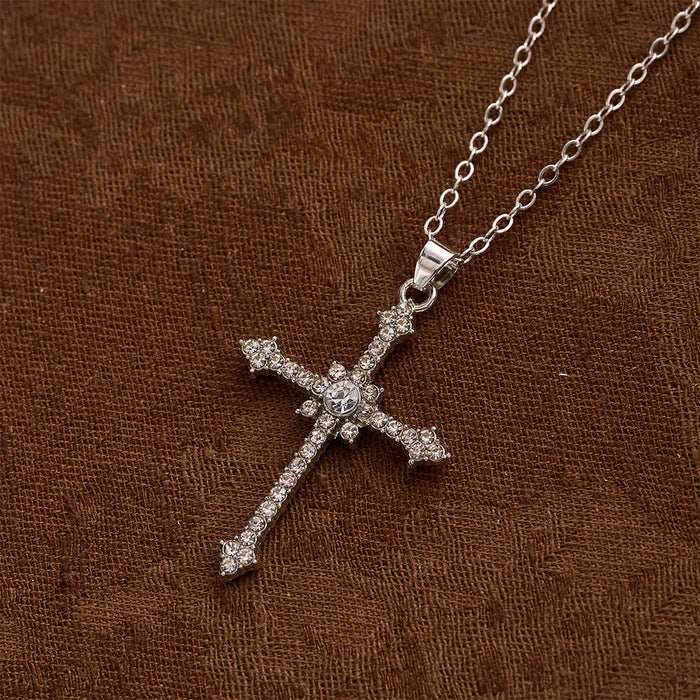 Refined Zircon-Encrusted Cross Pendant Necklace with Central Stone: An Emblem of Quiet Devotion