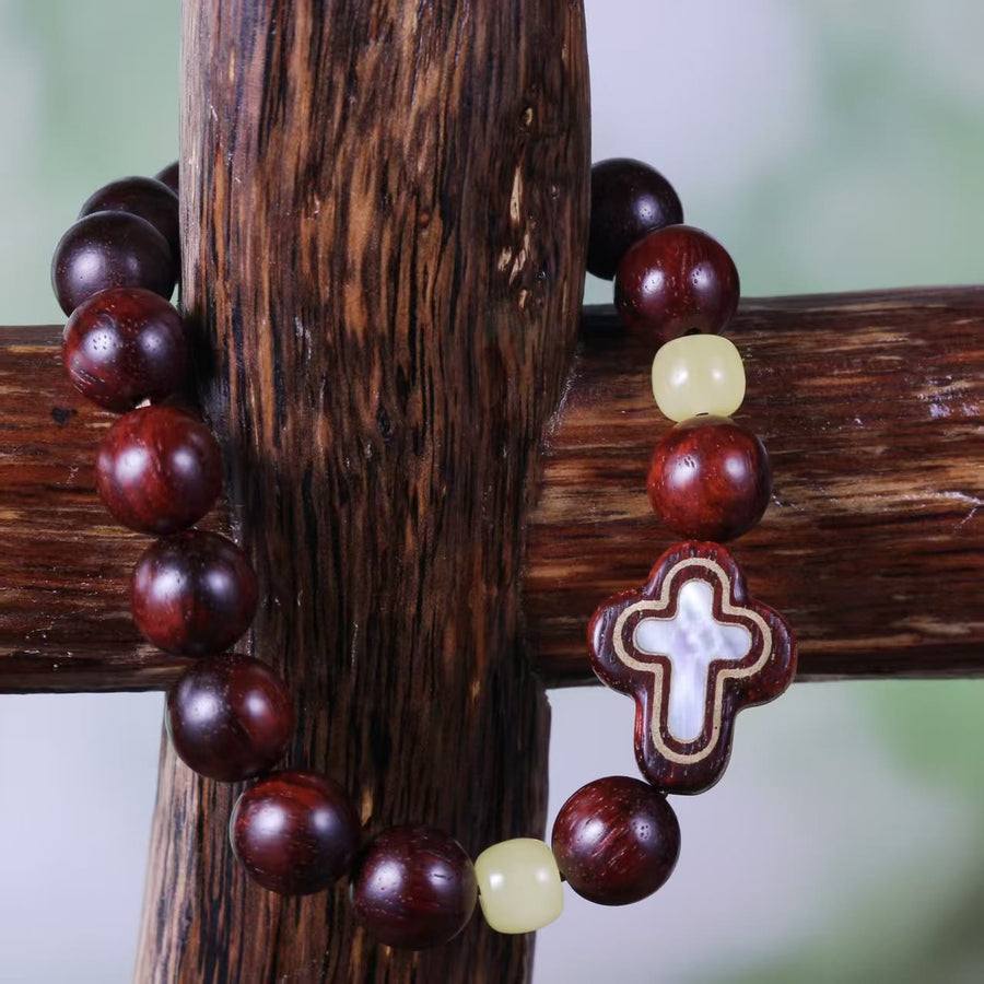 Sandalwood & Mother-of-Pearl Cross Beaded Bracelet: A Symbol of Divine Serenity