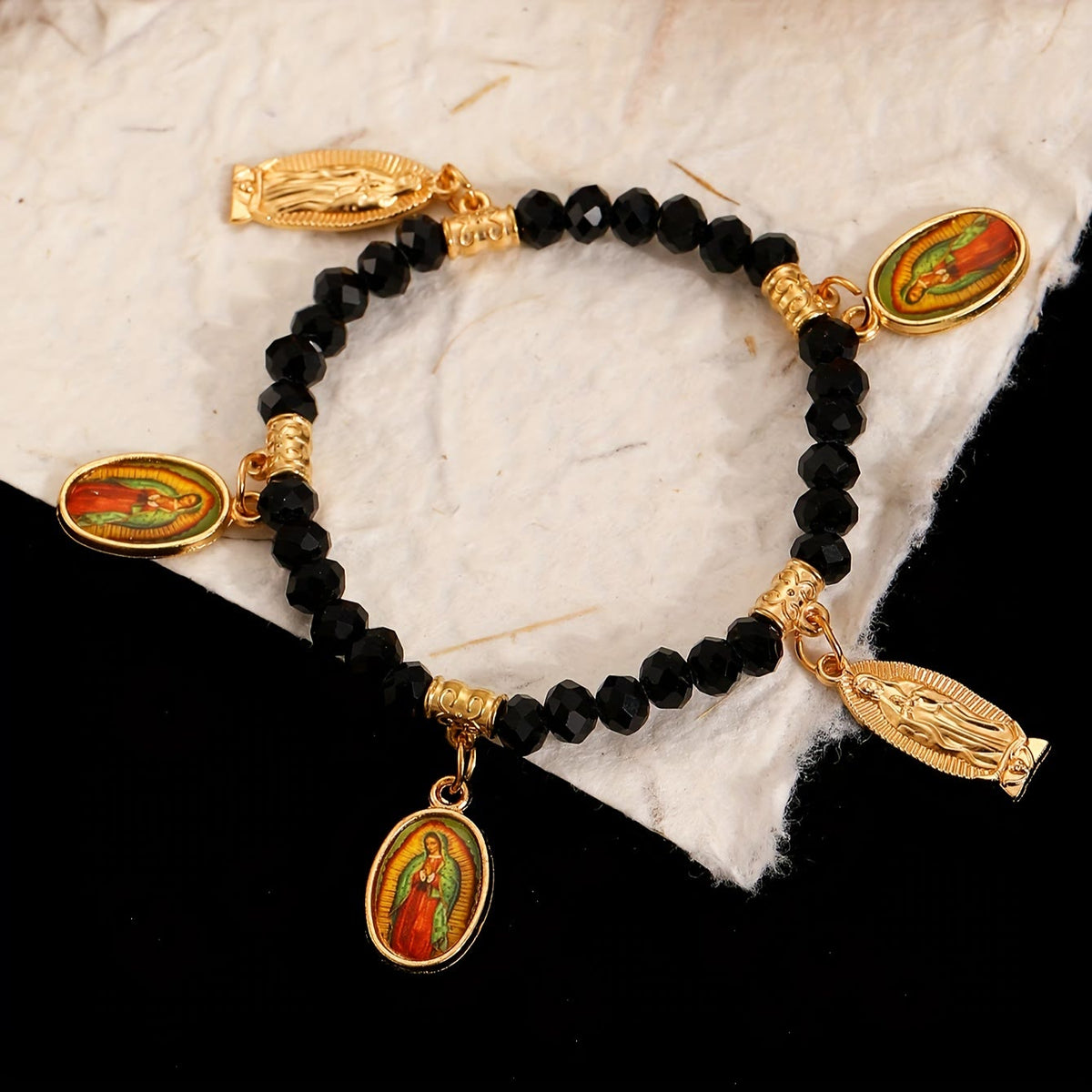 Intricate Beaded Bracelet with Our Lady of Guadalupe & Saint Jude Charms: A Reminder of Sacred Love