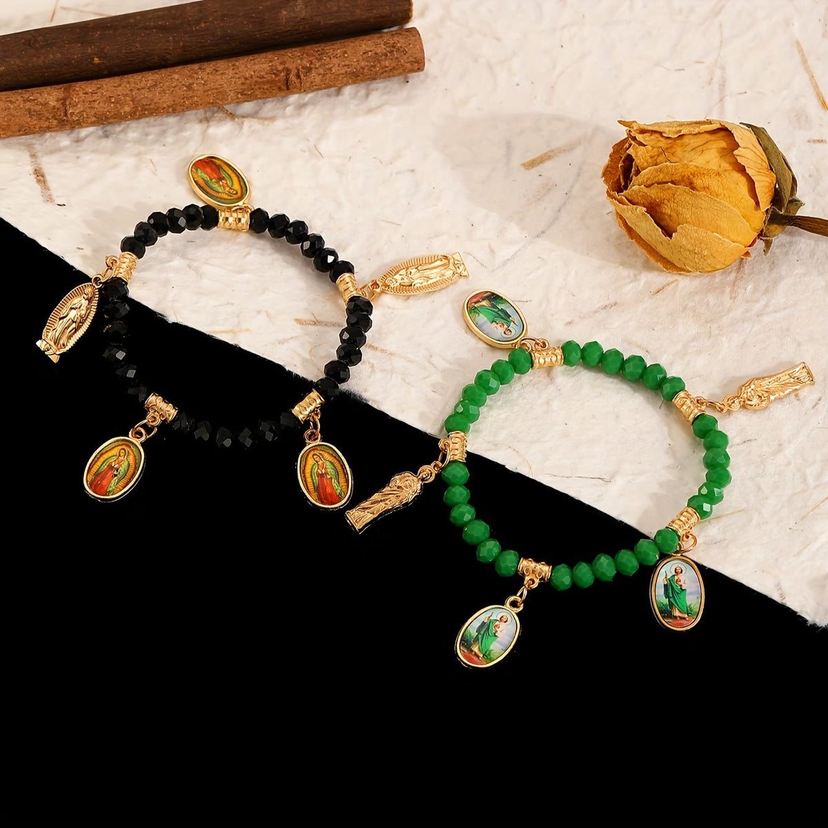 Intricate Beaded Bracelet with Our Lady of Guadalupe & Saint Jude Charms: A Reminder of Sacred Love