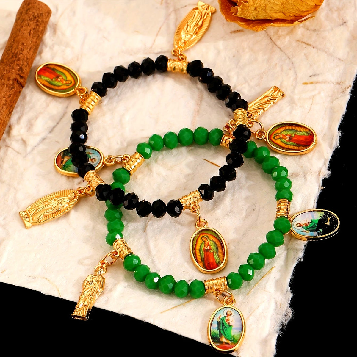 Intricate Beaded Bracelet with Our Lady of Guadalupe & Saint Jude Charms: A Reminder of Sacred Love