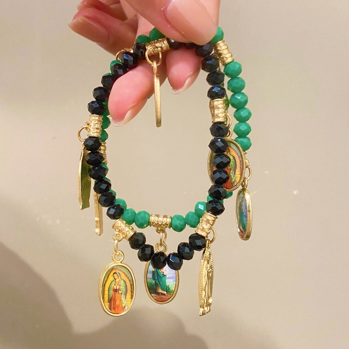 Intricate Beaded Bracelet with Our Lady of Guadalupe & Saint Jude Charms: A Reminder of Sacred Love