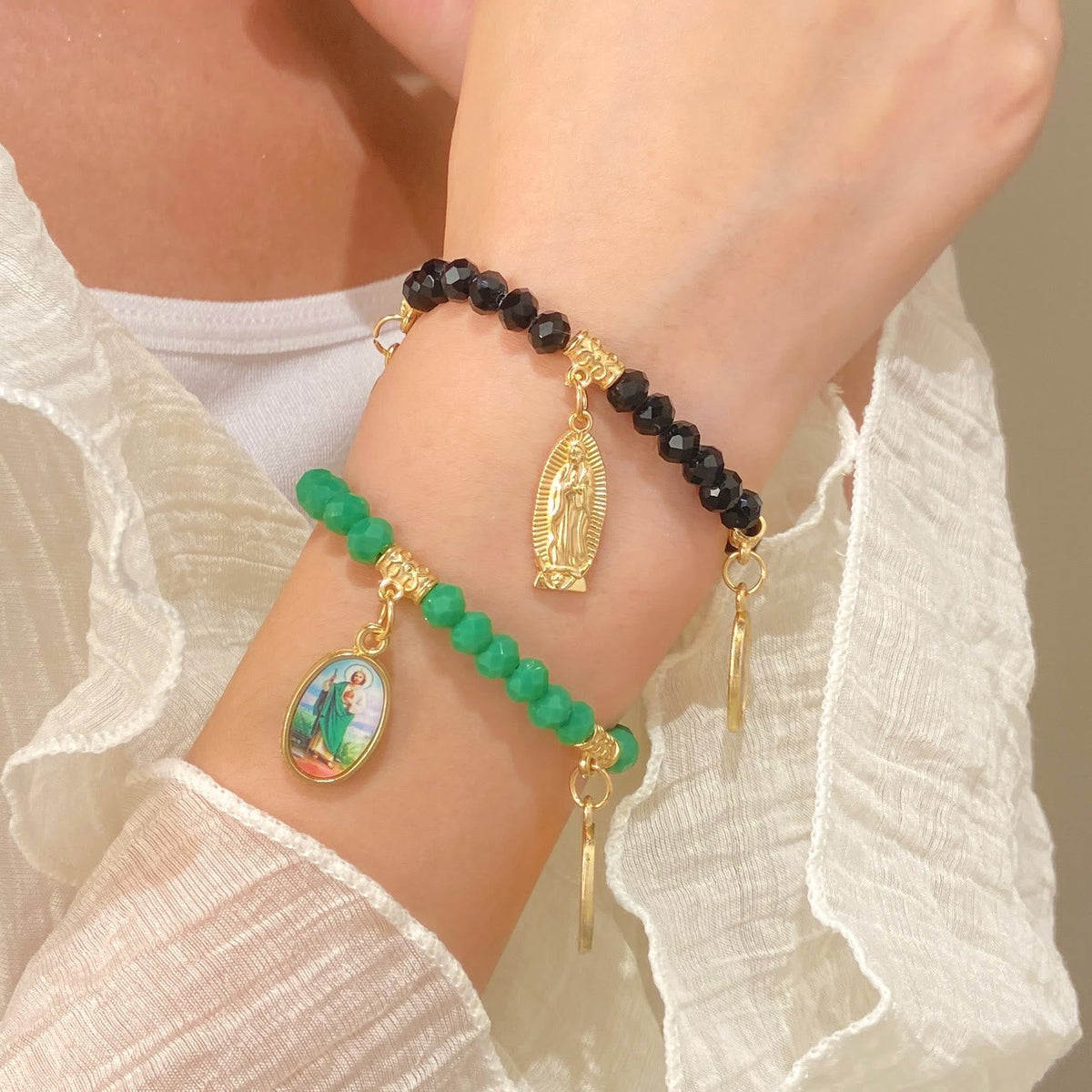 Intricate Beaded Bracelet with Our Lady of Guadalupe & Saint Jude Charms: A Reminder of Sacred Love