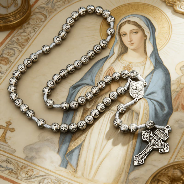 Holy Family Center Rosary with Crucifix & Cross-Engraved Beads: A Symbol of Sacred Devotion