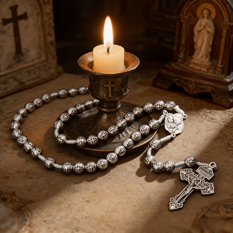 Holy Family Center Rosary with Crucifix & Cross-Engraved Beads: A Symbol of Sacred Devotion