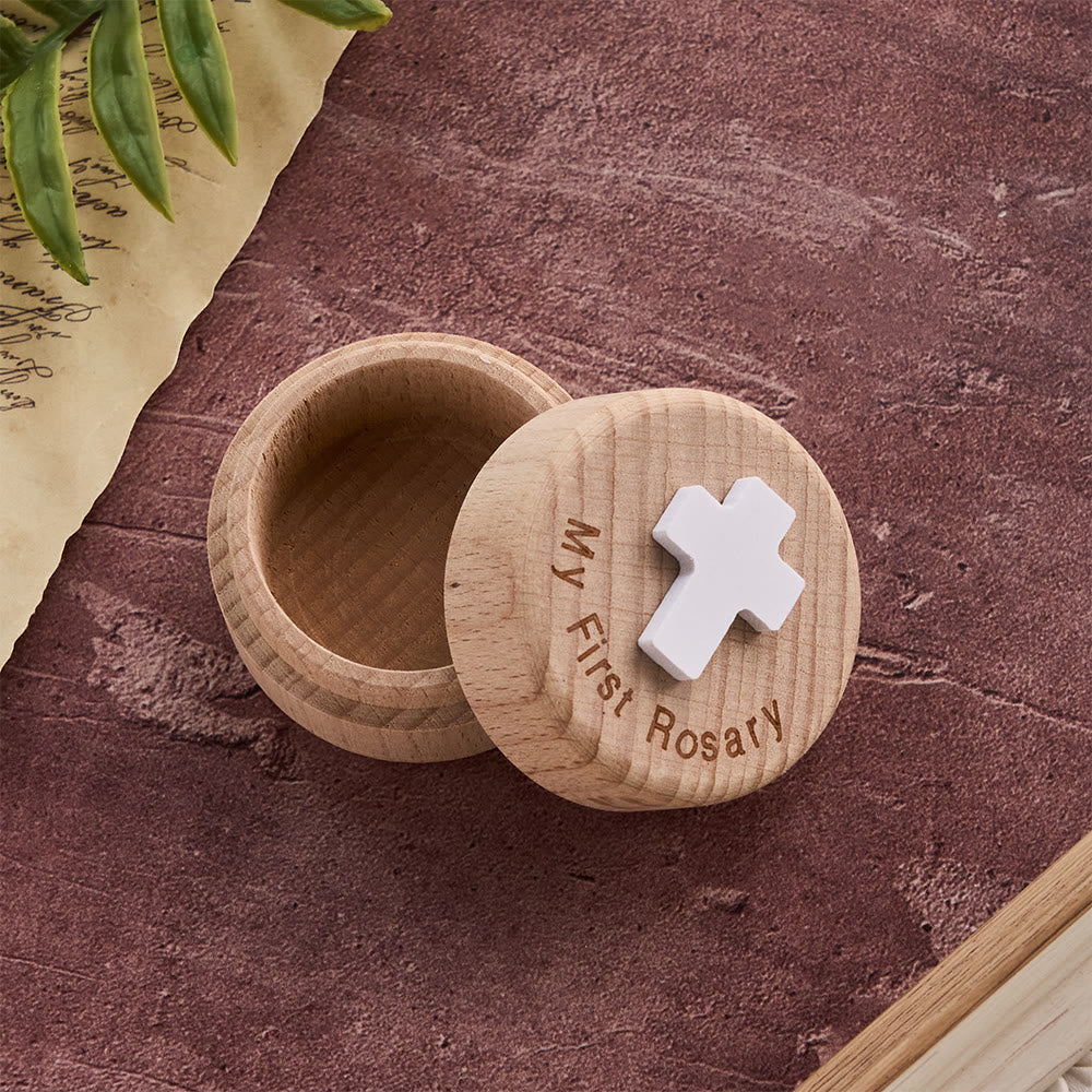 My First Rosary Wooden Keepsake Box with Cross Emblem: A Symbol of Sacred Beginnings