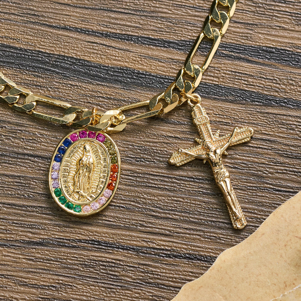 Figaro Chain Guadalupe Medal Bracelet with Rhinestone Border & Crucifix Charm