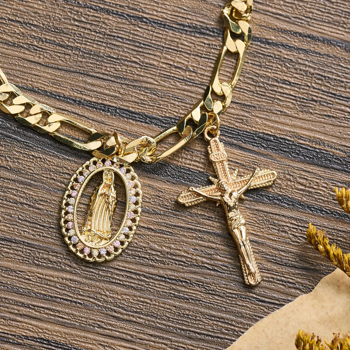 Figaro Chain Guadalupe Medal Bracelet with Rhinestone Border & Crucifix Charm