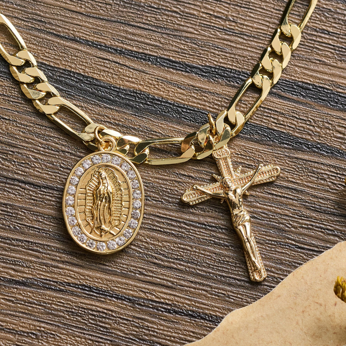 Figaro Chain Guadalupe Medal Bracelet with Rhinestone Border & Crucifix Charm