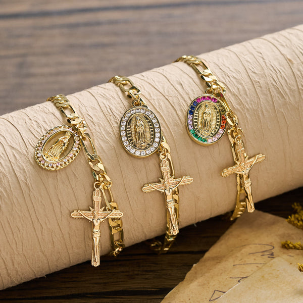 Figaro Chain Guadalupe Medal Bracelet with Rhinestone Border & Crucifix Charm