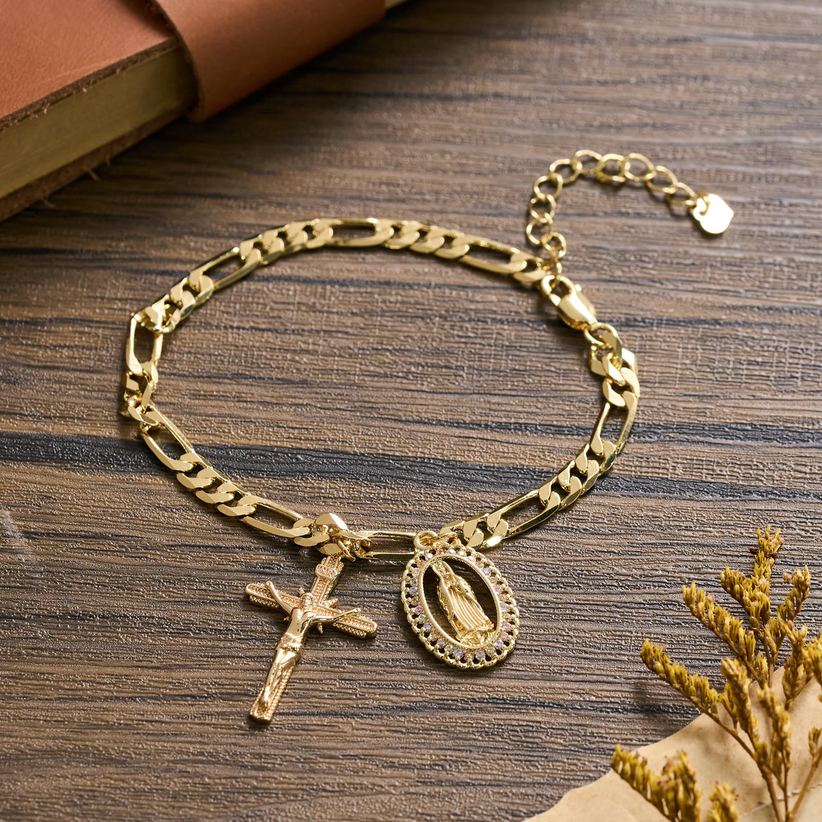 Figaro Chain Guadalupe Medal Bracelet with Rhinestone Border & Crucifix Charm