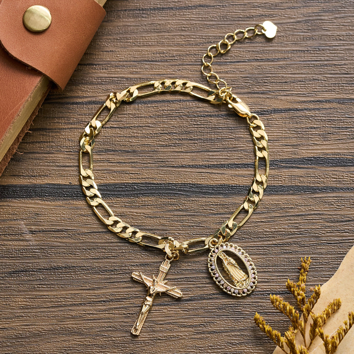 Figaro Chain Guadalupe Medal Bracelet with Rhinestone Border & Crucifix Charm
