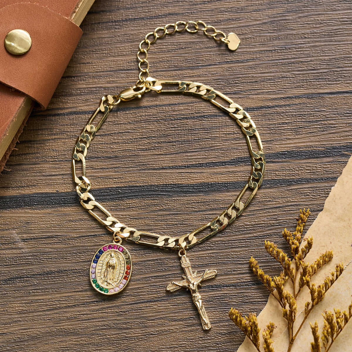 Figaro Chain Guadalupe Medal Bracelet with Rhinestone Border & Crucifix Charm
