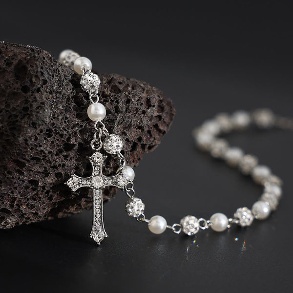 Alternating Pearl & Pave Crystal Bead Rosary-Style Cross Necklace: A Symbol of Sacred Devotion