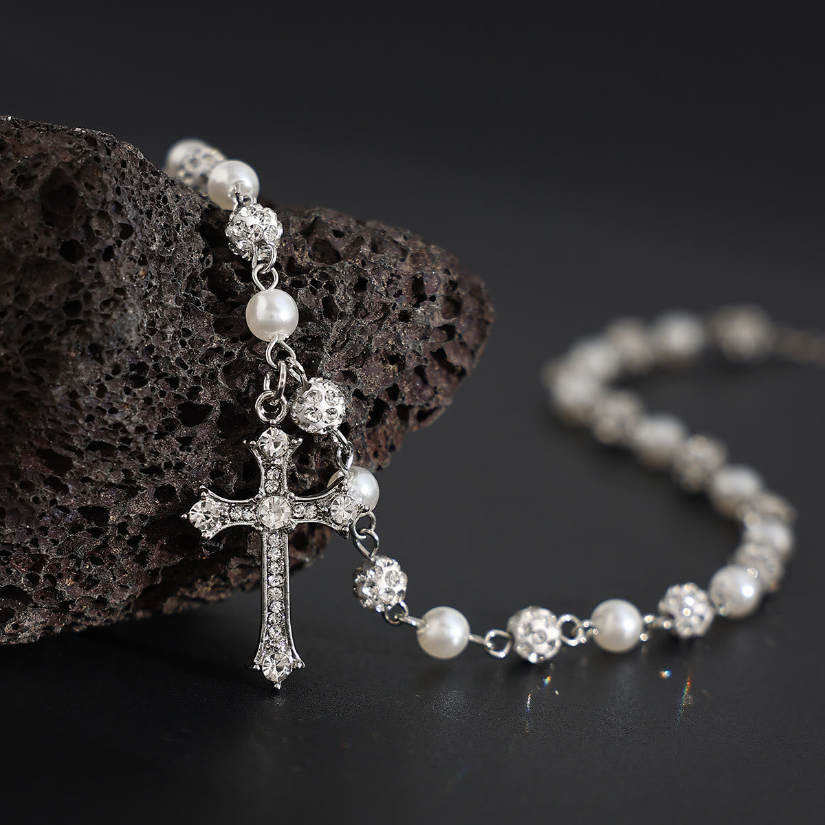 Alternating Pearl & Pave Crystal Bead Rosary-Style Cross Necklace: A Symbol of Sacred Devotion