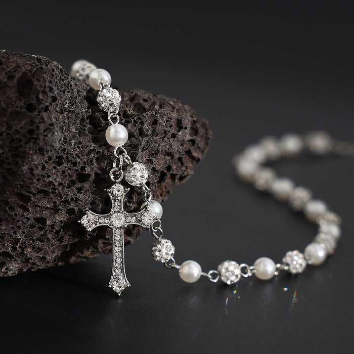 Alternating Pearl & Pave Crystal Bead Rosary-Style Cross Necklace: A Symbol of Sacred Devotion