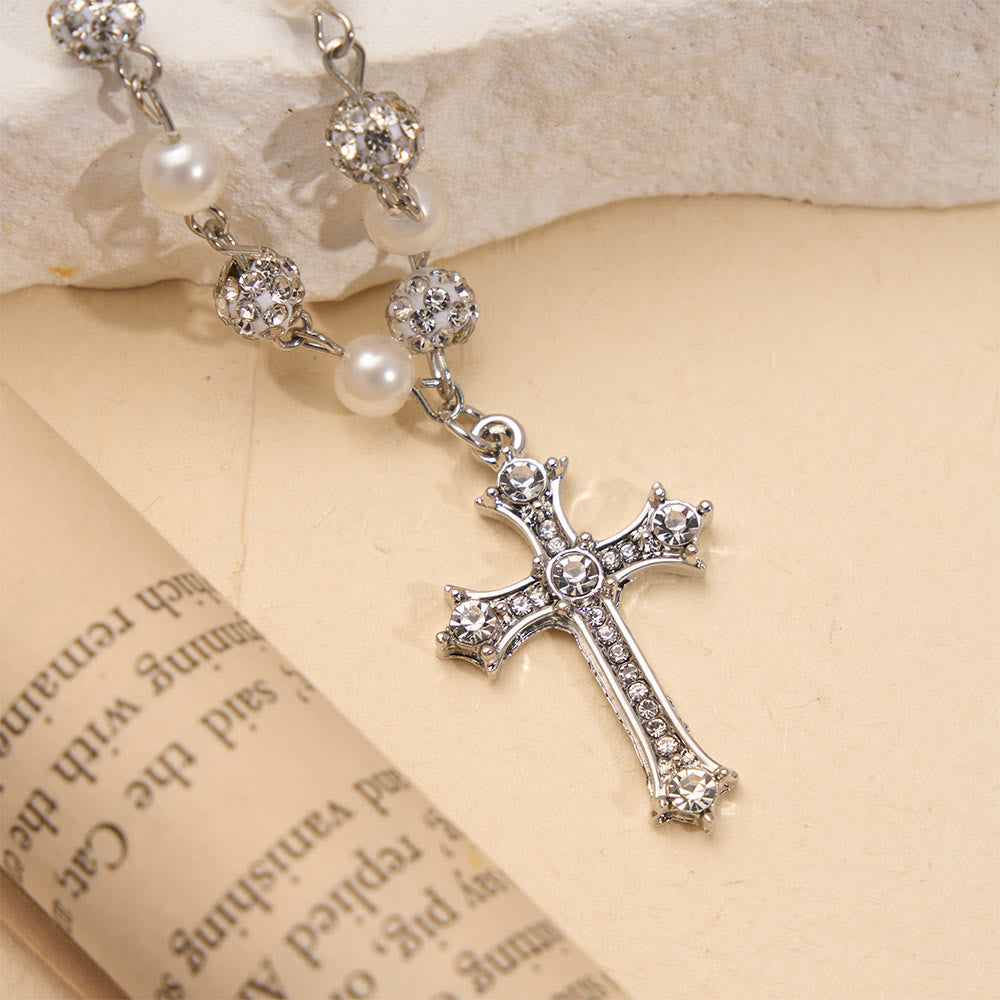 Alternating Pearl & Pave Crystal Bead Rosary-Style Cross Necklace: A Symbol of Sacred Devotion