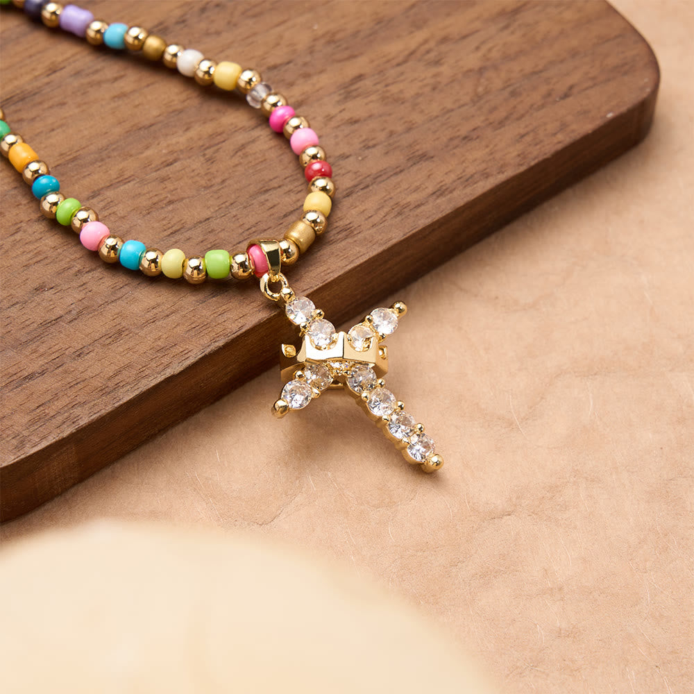 Two-Style Beaded Cross Necklace with Full-Pavé Zircon Crown Cross Pendant: A Symbol of Royal Divine Grace
