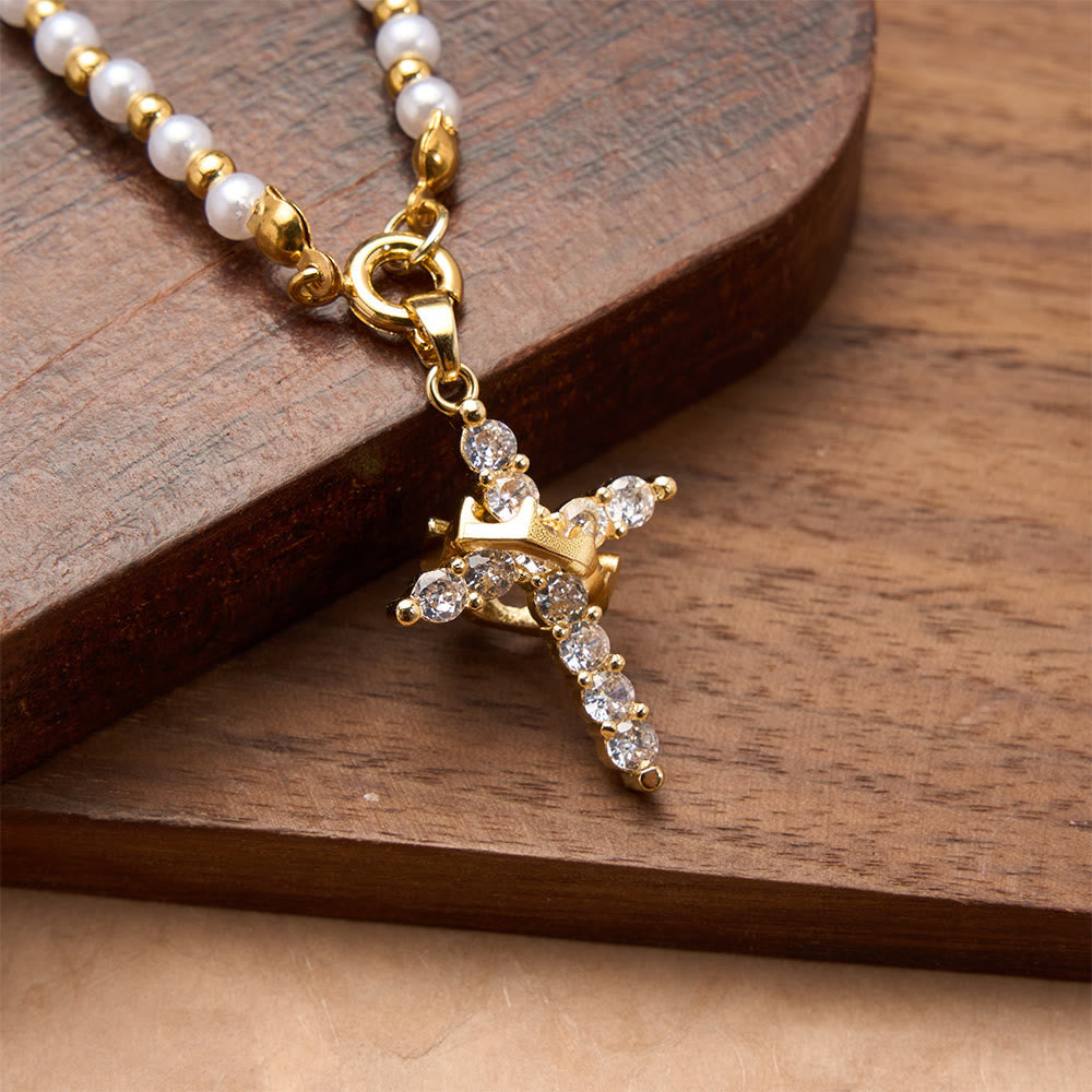 Two-Style Beaded Cross Necklace with Full-Pavé Zircon Crown Cross Pendant: A Symbol of Royal Divine Grace