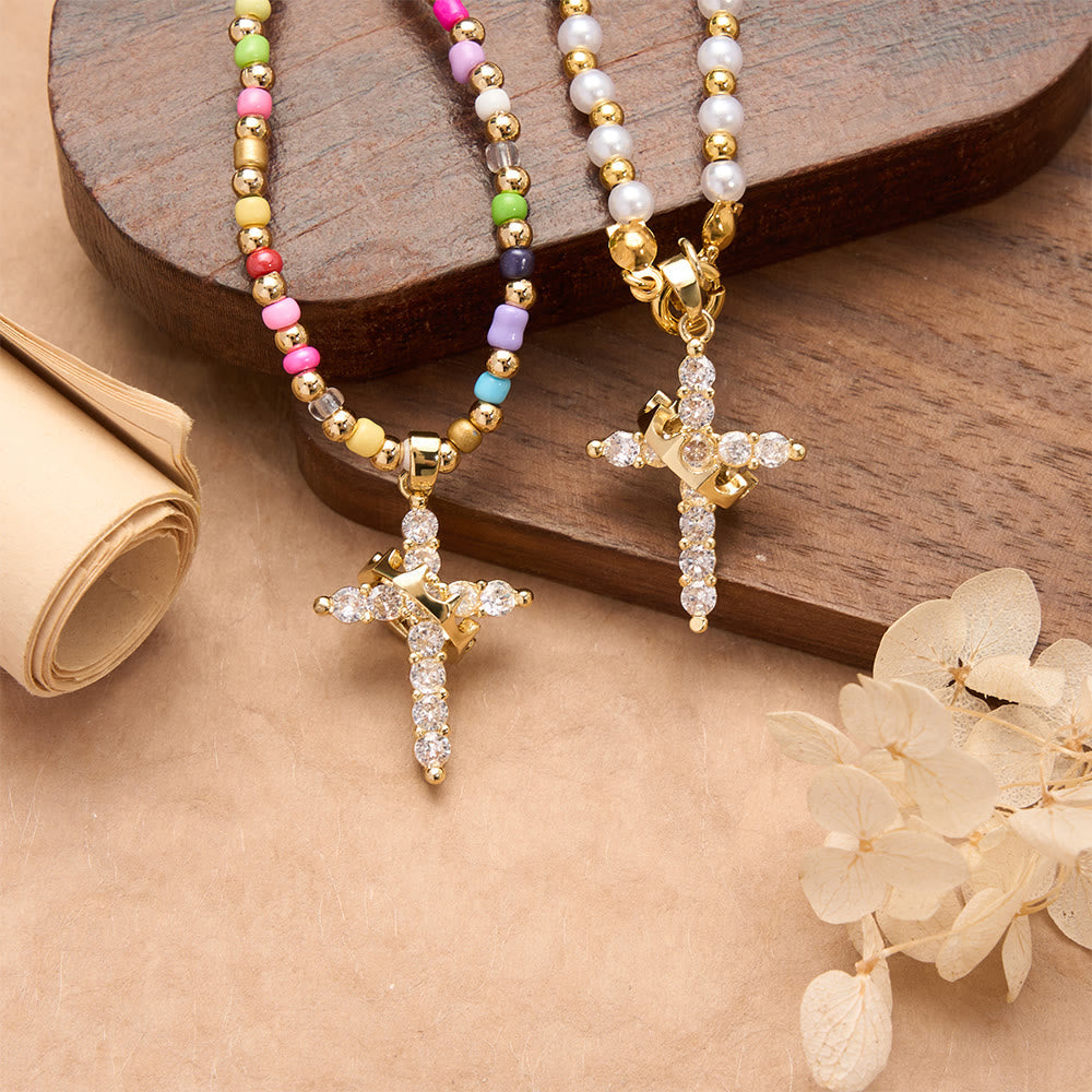 Two-Style Beaded Cross Necklace with Full-Pavé Zircon Crown Cross Pendant: A Symbol of Royal Divine Grace