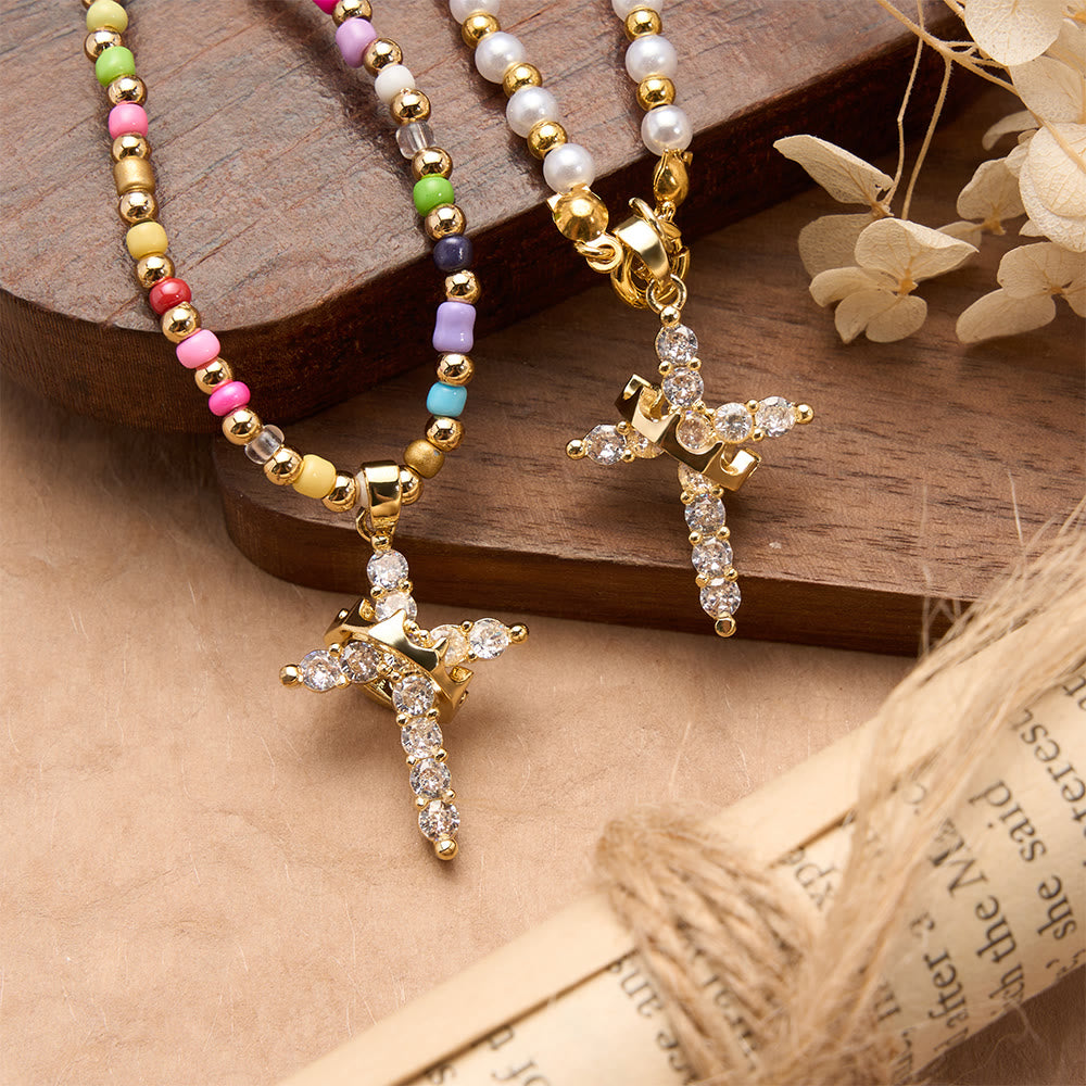 Two-Style Beaded Cross Necklace with Full-Pavé Zircon Crown Cross Pendant: A Symbol of Royal Divine Grace