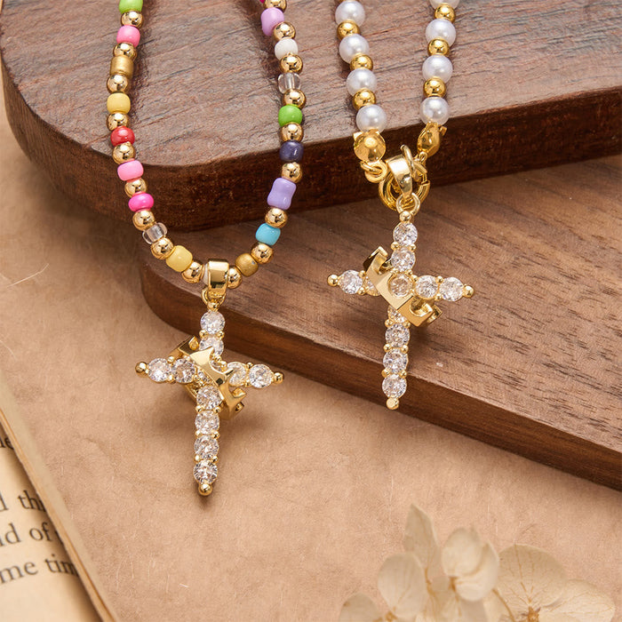 Two-Style Beaded Cross Necklace with Full-Pavé Zircon Crown Cross Pendant: A Symbol of Royal Divine Grace