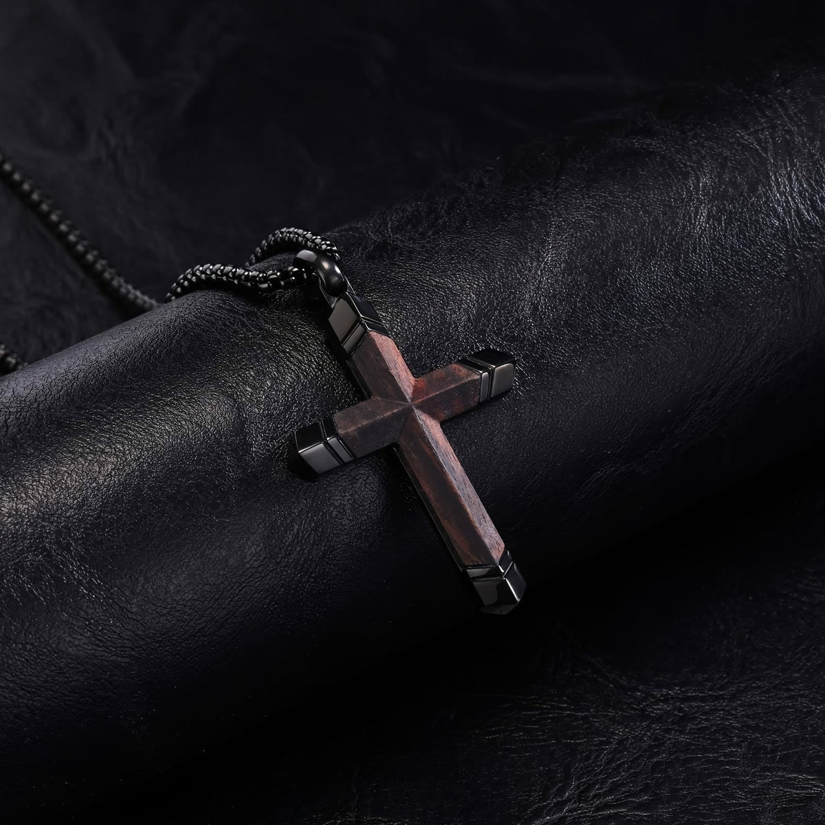 Two-Tone Stainless Steel Inlaid Solid Wood Cross Pendant Box Chain Necklace
