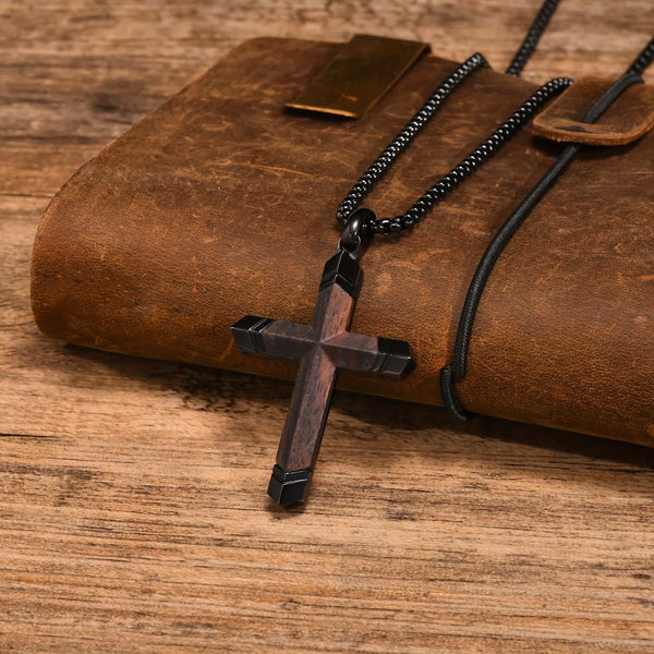 Two-Tone Stainless Steel Inlaid Solid Wood Cross Pendant Box Chain Necklace