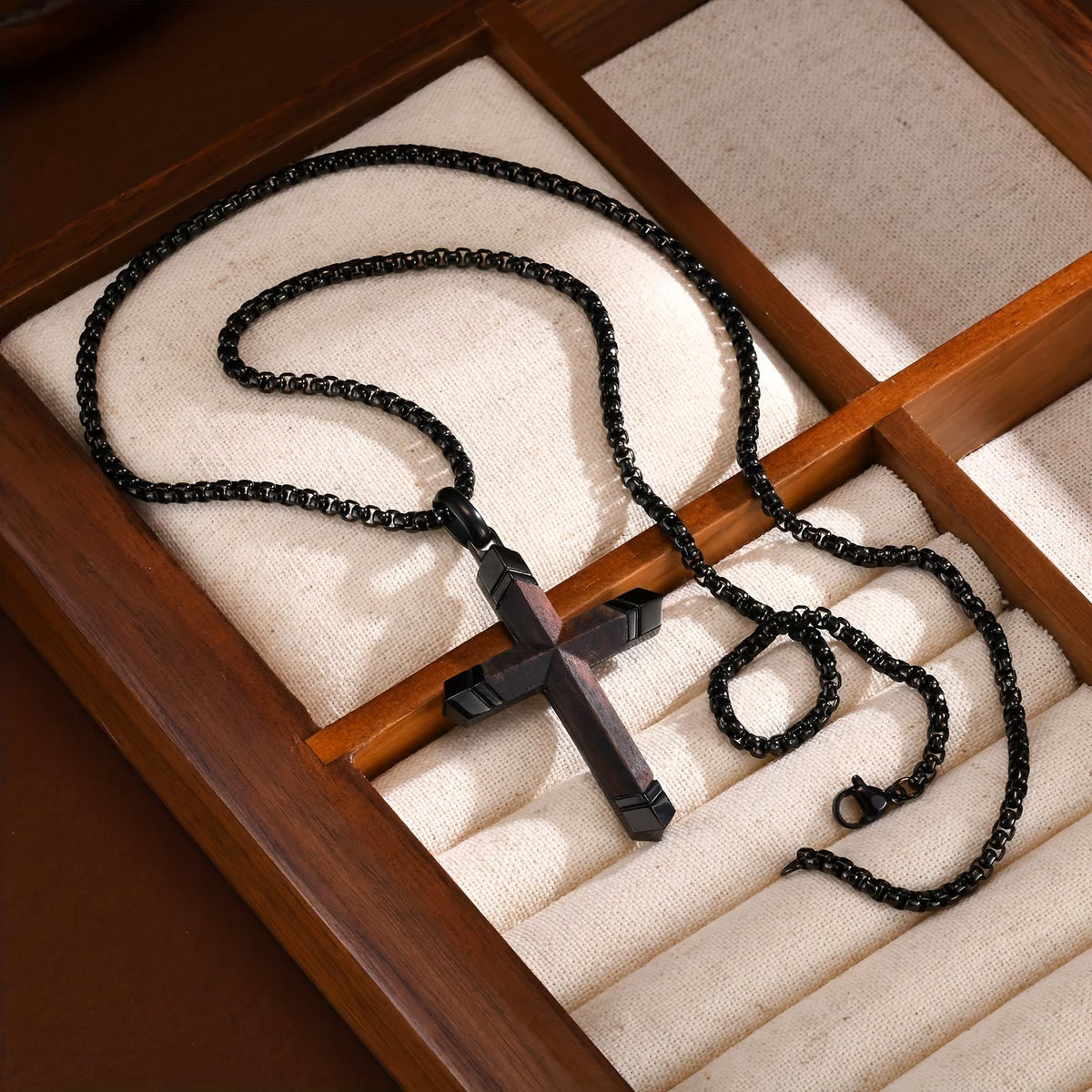 Two-Tone Stainless Steel Inlaid Solid Wood Cross Pendant Box Chain Necklace
