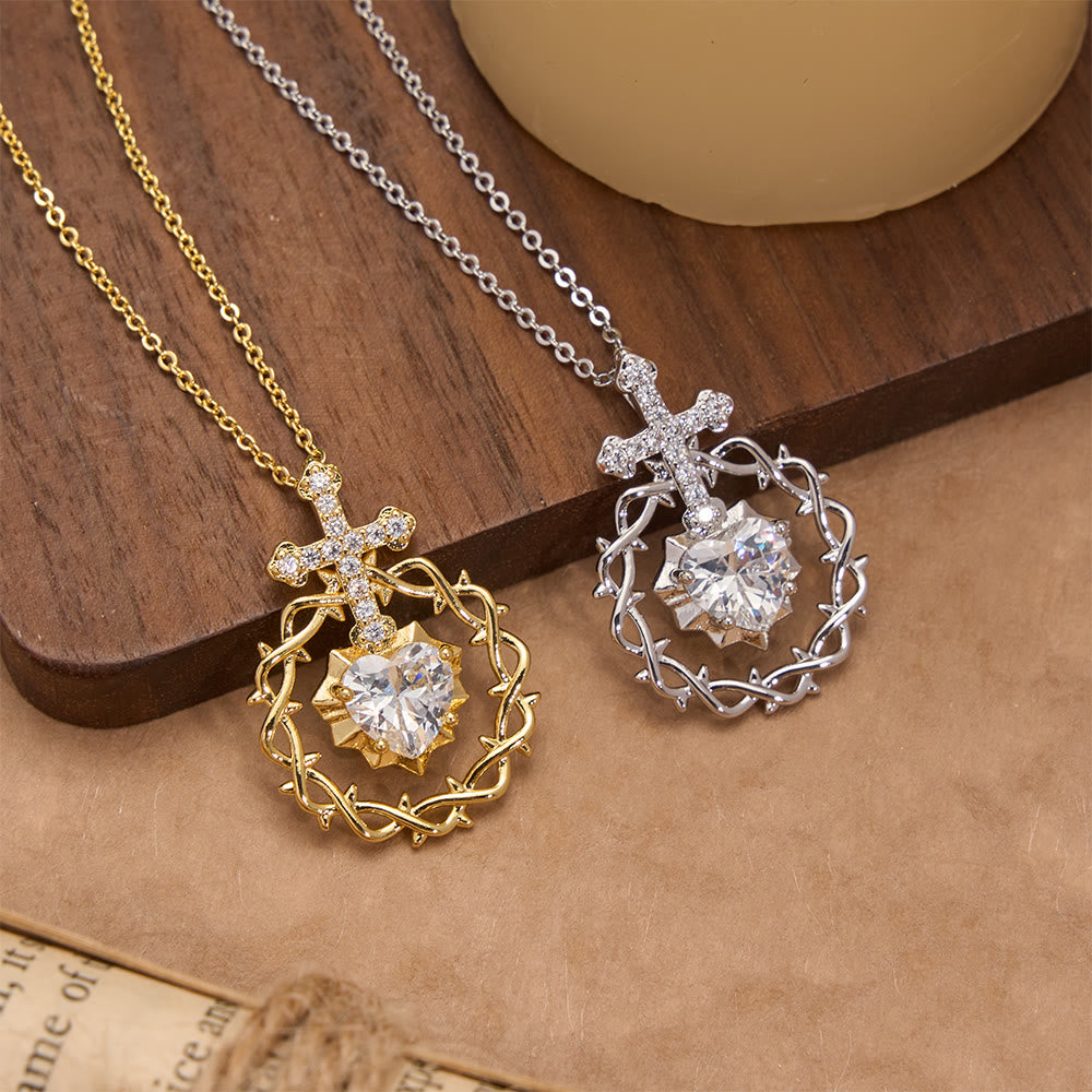 Pavé Zircon Cross with Thorn Wreath & Heart-Cut Gem Pendant Necklace: A Symbol of Sacred Redeeming Love