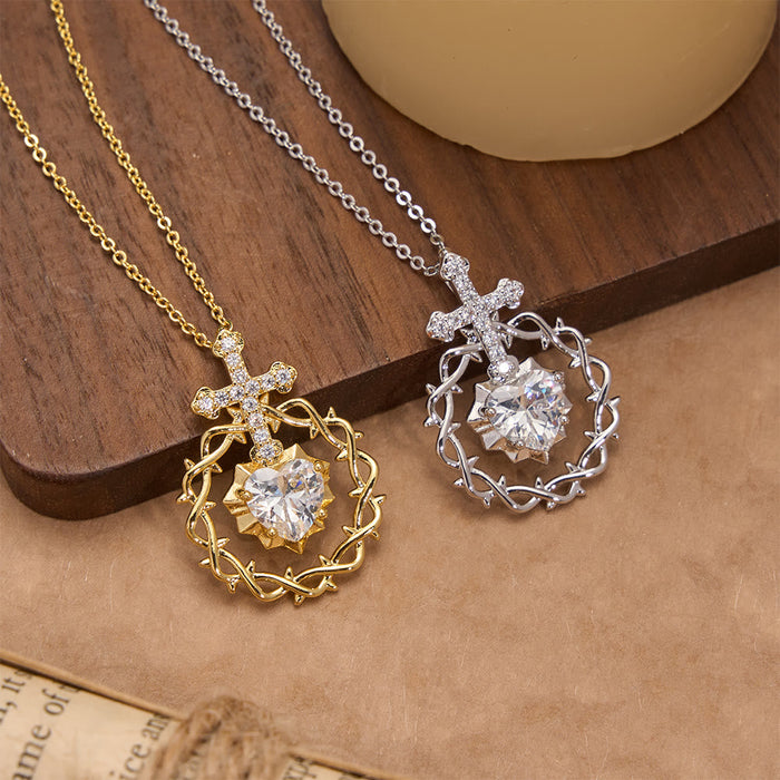 Pavé Zircon Cross with Thorn Wreath & Heart-Cut Gem Pendant Necklace: A Symbol of Sacred Redeeming Love