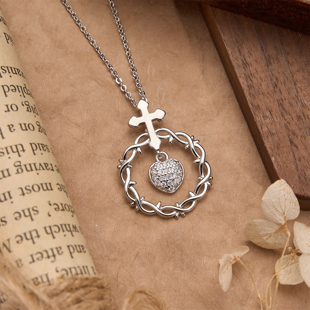 Pavé Zircon Cross with Thorn Wreath & Heart-Cut Gem Pendant Necklace: A Symbol of Sacred Redeeming Love