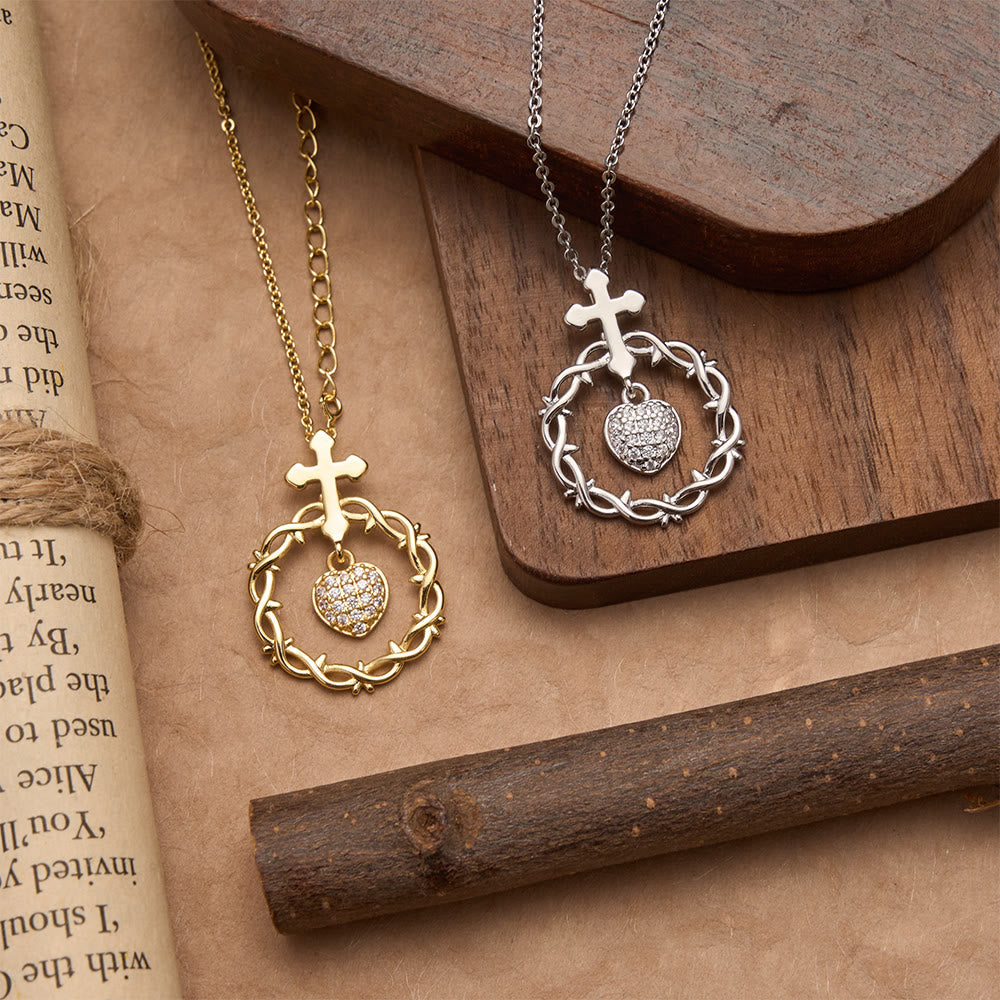 Pavé Zircon Cross with Thorn Wreath & Heart-Cut Gem Pendant Necklace: A Symbol of Sacred Redeeming Love