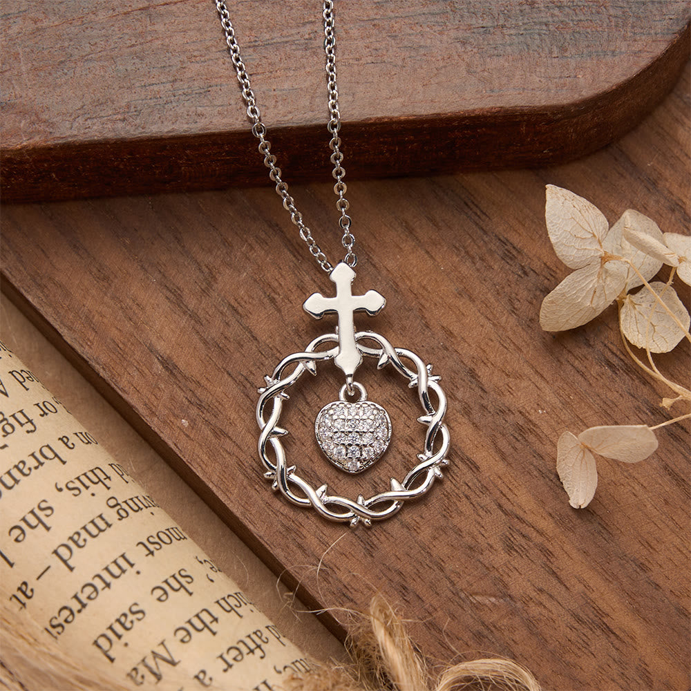 Pavé Zircon Cross with Thorn Wreath & Heart-Cut Gem Pendant Necklace: A Symbol of Sacred Redeeming Love